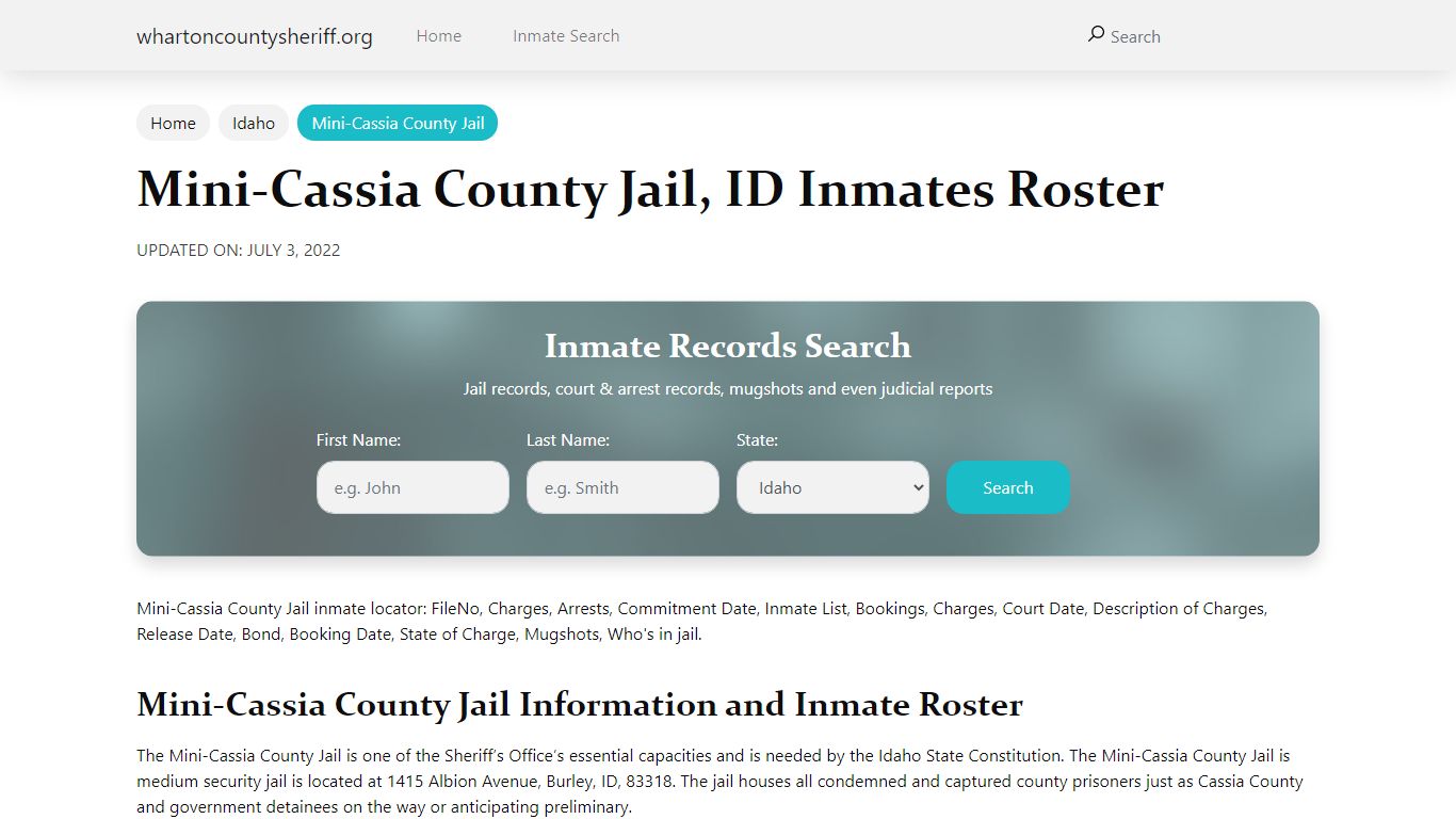 Mini-Cassia County Jail, ID Jail Roster, Name Search